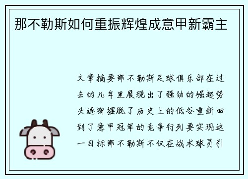 那不勒斯如何重振辉煌成意甲新霸主